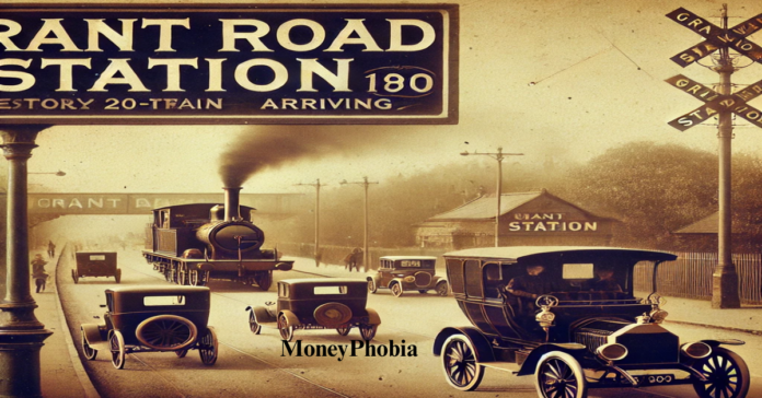 Vintage railway station sign reading Grant Road Station with an old steam train arriving. The background features an early 20th century road with classic cars and horse drawn carriages, illustrati Vintage railway station sign reading "Grant Road Station" with an old steam train arriving. The background features an early 20th-century road with classic cars and horse-drawn carriages, illustrating the historical link between roads and railway stations.