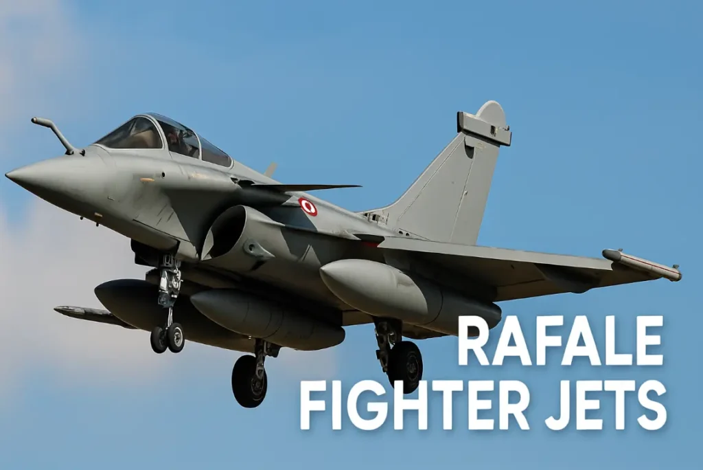 Rafale Fighter Jets: The Power and Precision of 2025 1 Rafale fighter jet flying mid air, showcasing its sleek design and powerful build, labeled Rafale Fighter Jets as the top air defense aircraft of 2025.