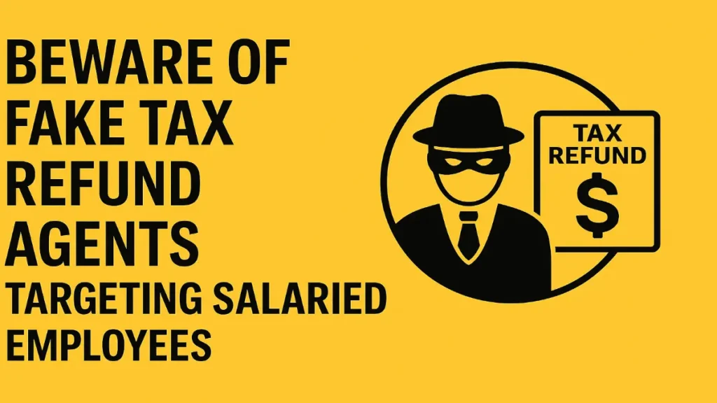 Graphic warning about fake tax refund agents targeting salaried employees in India, with bold caution text and a masked figure symbolizing fraud.