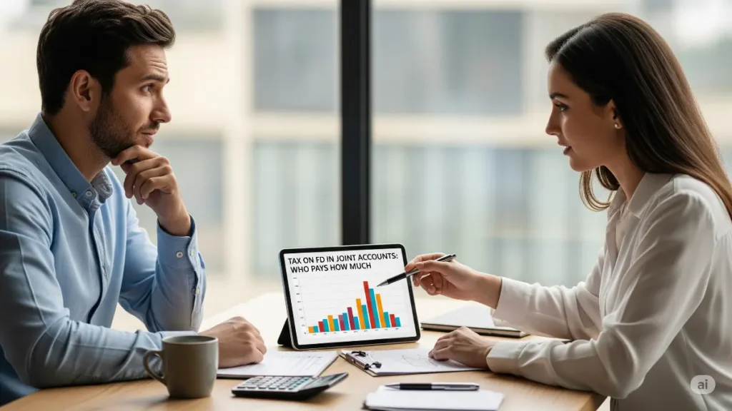 Two people sitting at a table discussing FD tax with one explaining using a chart