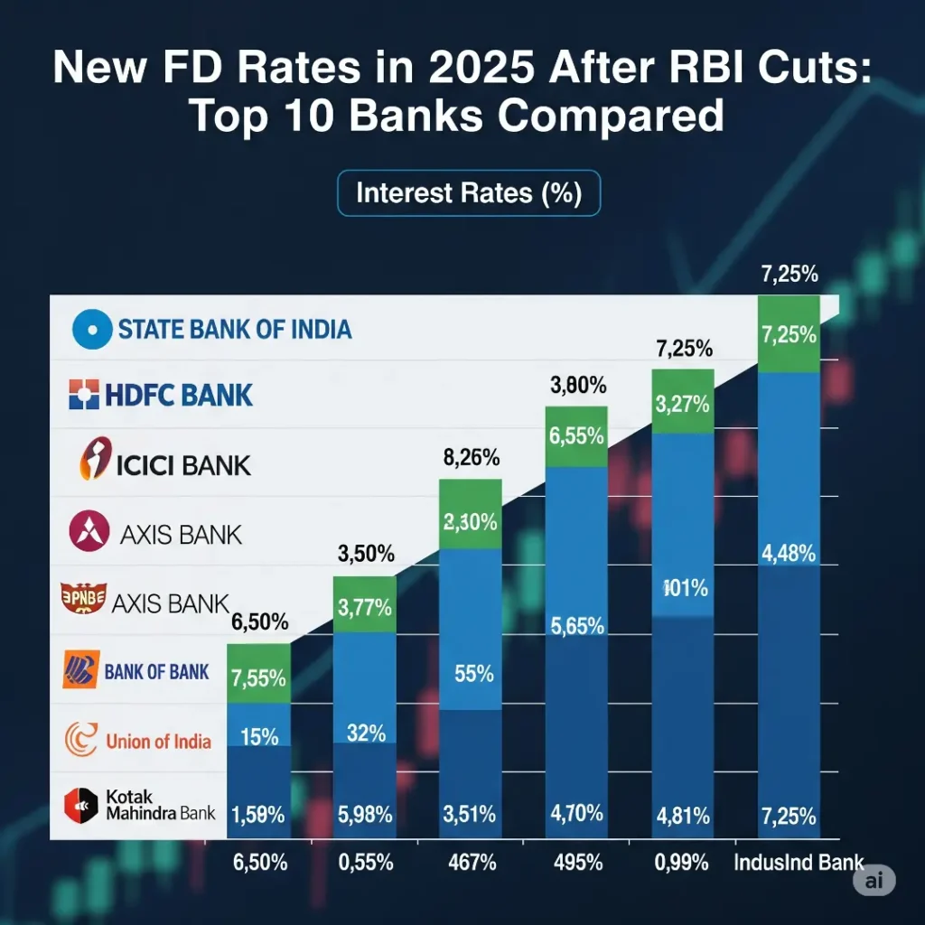 A bar chart comparing new Fixed Deposit interest rates for the top 10 banks in 2025 after RBI cuts. (Generated by AI)