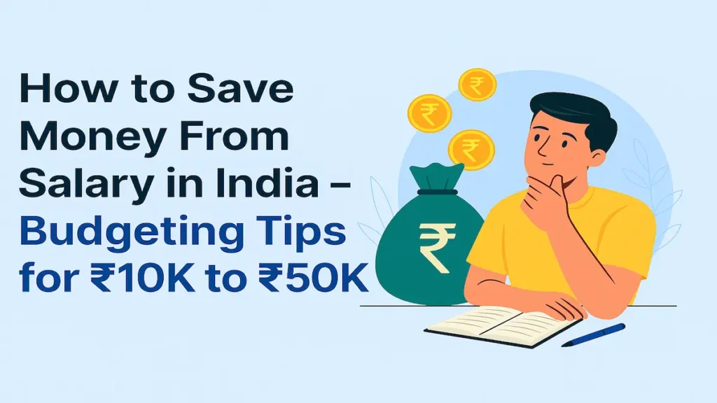 Illustration of a man planning savings with coins, money bag, and notebook – How to Save Money from Salary in India
