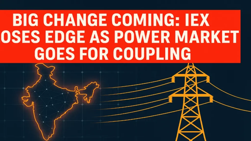 India map and power tower with headline about IEX losing edge as market coupling begins