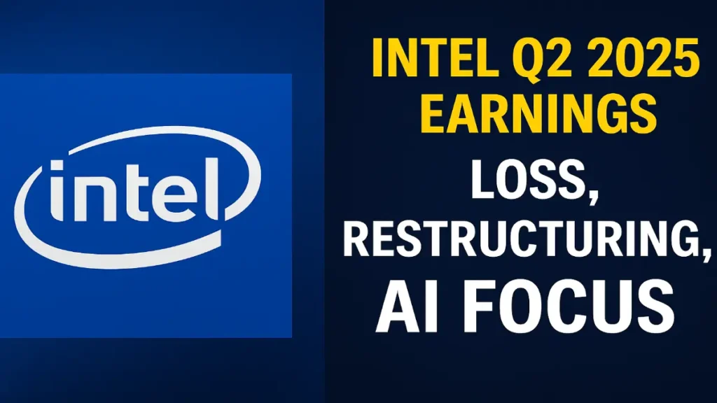 Intel Q2 2025 earnings report thumbnail showing company logo and headline about loss, restructuring, and AI focus